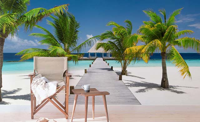 Fototapete Strand und Meer mit Palmen in der Karibik Paradies
