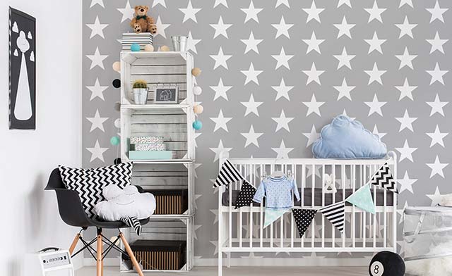 Mustertapete Kinderzimmer Weiße Sterne auf Grau