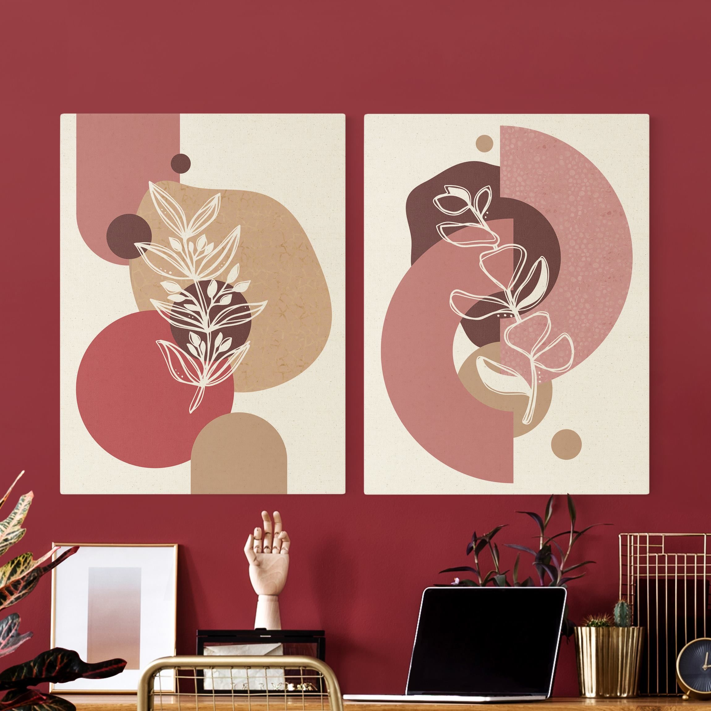 2-teiliges Leinwandbild - Geometrische Formen - Blätter Rosa Pink