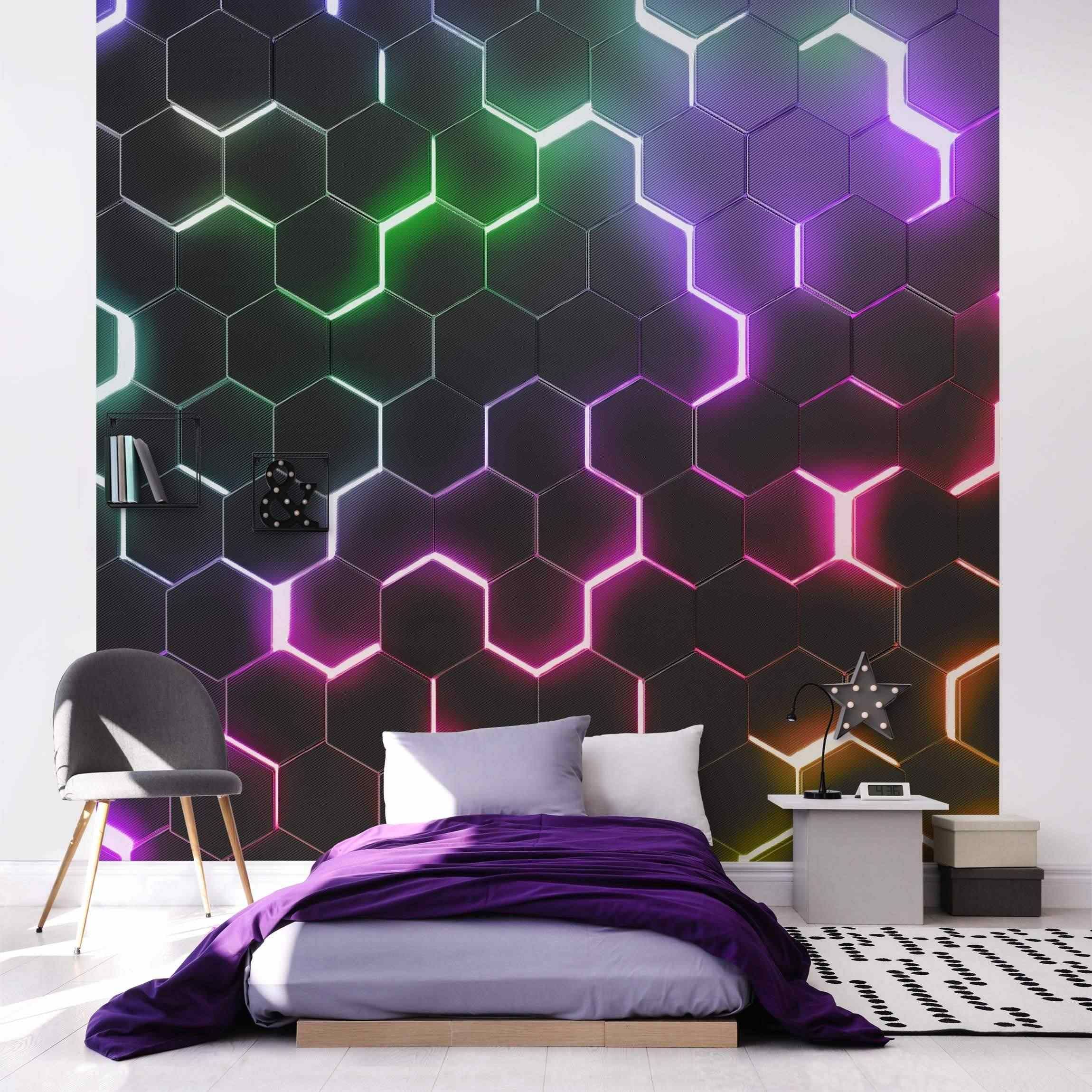 Fototapete - Hexagone mit Neonlicht Strukturierte