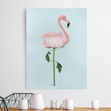 Leinwandbild - Jonas Loose - Flamingo mit Rose - Hochformat 4:3