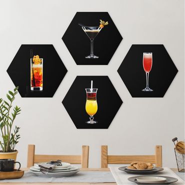 Hexagon Bild Forex 4-teilig - Cocktail Set auf Schwarz Set I