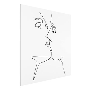 Forex Fine Art Print - Line Art Kuss Gesichter Schwarz Weiß - Quadrat 1:1
