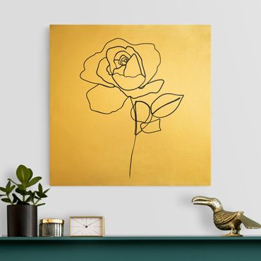 Leinwandbild Gold - Line Art Rose Schwarz Weiß - Quadrat 1:1
