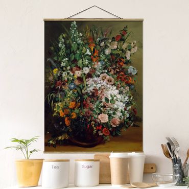 Stoffbild mit Posterleisten - Gustave Courbet - Blumenstrauß in Vase - Hochformat 3:4