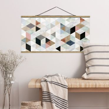 Stoffbild mit Posterleisten - Aquarell-Mosaik mit Dreiecken I - Querformat 2:1