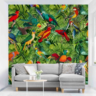 Tapete selbstklebend - Bunte Collage - Papageien im Dschungel - Fototapete Quadrat