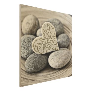 Holzbild - Carpe Diem Herz mit Steinen - Quadrat 1:1