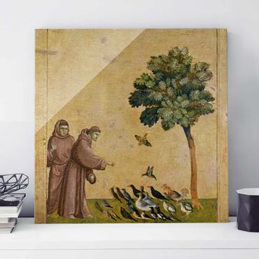 Glasbild - Kunstdruck Giotto di Bondone - Der Heilige Franziskus predigt zu den Vögeln - Quadrat 1:1