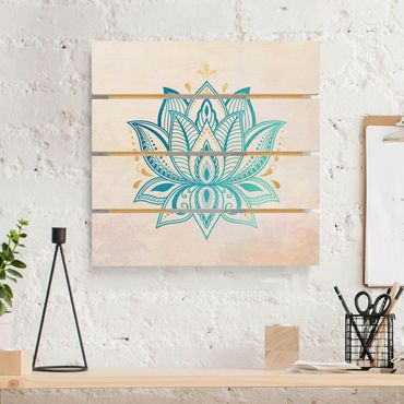 Holzbild - Lotus Illustration Mandala gold blau - Quadrat 1:1