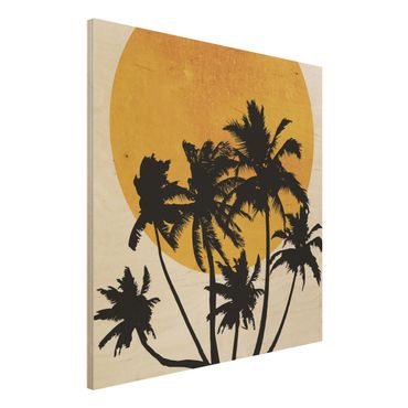 Holzbild - Palmen vor goldener Sonne - Quadrat 1:1