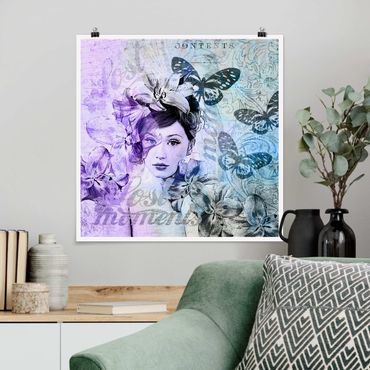 Poster - Shabby Chic Collage - Portrait mit Schmetterlingen - Quadrat 1:1