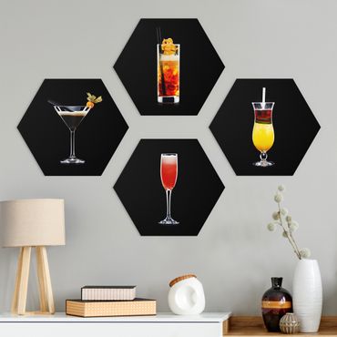 Hexagon Bild Alu-Dibond 4-teilig - Cocktail Set auf Schwarz Set I