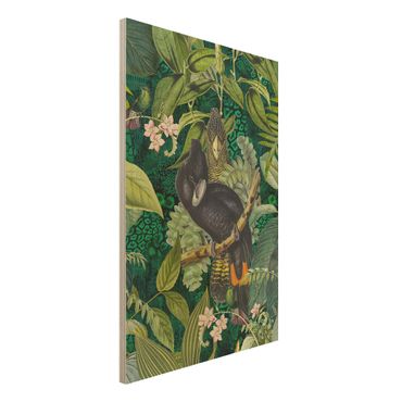Holzbild - Bunte Collage - Kakadus im Dschungel - Hochformat 3:2