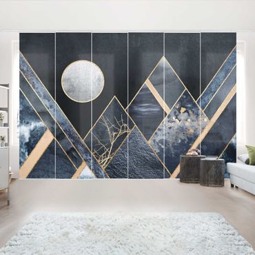 Schiebegardinen Set - Elisabeth Fredriksson - Goldener Mond abstrakte schwarze Berge - 6 Flächenvorhänge