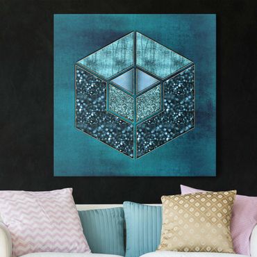 Leinwandbild - Blaues Hexagon mit Goldkontur - Quadrat 1:1
