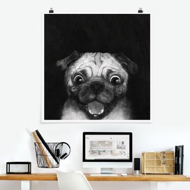 Illustration Hund Mops Malerei auf Schwarz Weiß Leinwandbild als Quadrat |  Bilderwelten
