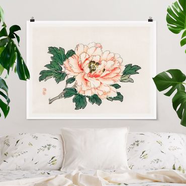 Poster - Asiatische Vintage Zeichnung Rosa Chrysantheme - Querformat 3:4
