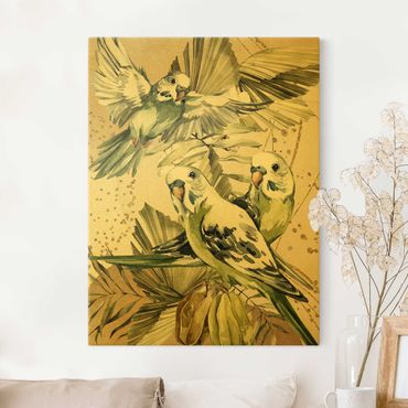 Leinwandbild Gold - Tropische Vögel - Grüne Wellensittiche - Hochformat 4:3