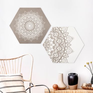 Hexagon Bild Forex 2-teilig - Mandala Illustration shabby Set beige weiß