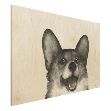 Holzbild - Illustration Hund Corgi Weiß Schwarz Malerei - Querformat 2:3
