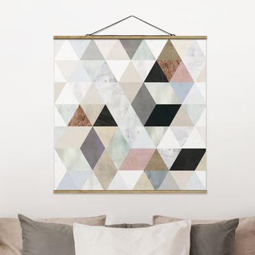 Stoffbild mit Posterleisten - Aquarell-Mosaik mit Dreiecken I - Quadrat 1:1