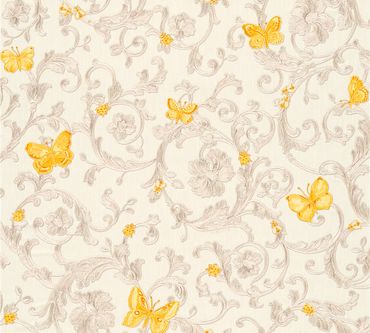Versace wallpaper Mustertapete Versace 3 Butterfly Barocco in Creme, Gelb, Metallic