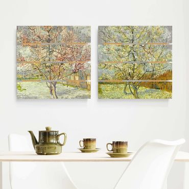 Holzbild 2-teilig - Vincent van Gogh - Blühende Pfirsichbäume im Garten - Quadrate 1:1
