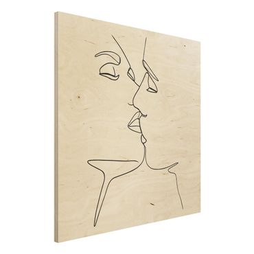 Holzbild - Line Art Kuss Gesichter Schwarz Weiß - Quadrat 1:1
