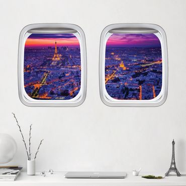 3D Wandtattoo - Doppelfenster Flugzeug Paris bei Nacht