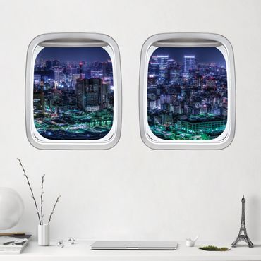 3D Wandtattoo - Doppelfenster Flugzeug Tokio bei Nacht