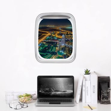 3D Wandtattoo - Fenster Flugzeug Blick über Dubai bei Nacht