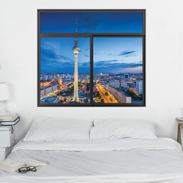 3D Wandtattoo - Fenster Schwarz Berlin Skyline bei Nacht mit Fernsehturm