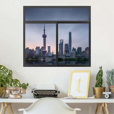 3D Wandtattoo - Fenster Schwarz Shanghai Skyline Morgenstimmung