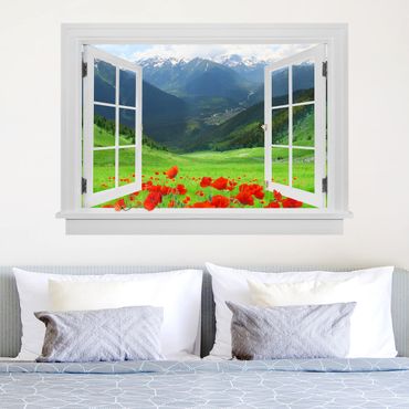 3D Wandtattoo - Offenes Fenster Alpenwiese und Mohn