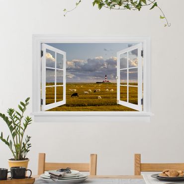 3D Wandtattoo - Offenes Fenster Nordsee Leuchtturm mit Schafsherde