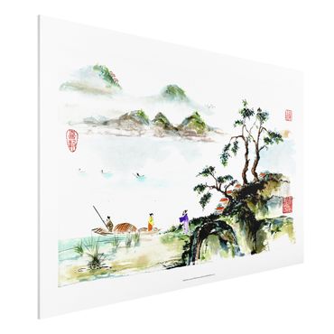 Forex Fine Art Print - Japanische Aquarell Zeichnung See und Berge - Querformat 2:3
