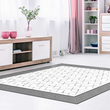 Vinyl-Teppich - Geometrische Fliesen Punktlinien Schwarz Weiß mit Bordüre - Quadrat 1:1
