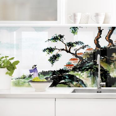 Küchenrückwand - Japanische Aquarell Zeichnung See und Berge