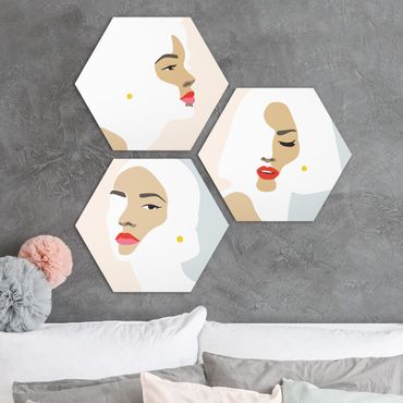 Hexagon Bild Alu-Dibond 3-teilig - Line Art Portrait Frauen Pastell Set