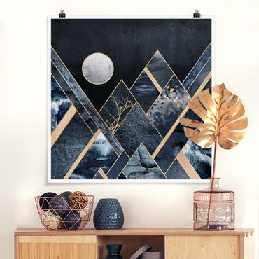 Poster - Goldener Mond abstrakte schwarze Berge - Quadrat 1:1