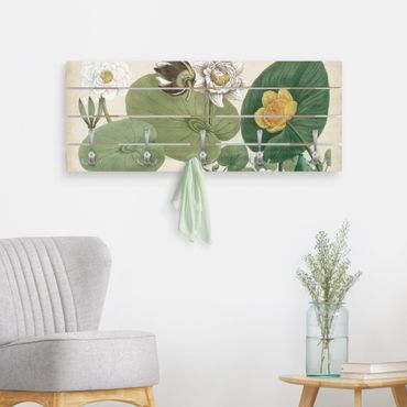 Wandgarderobe Holz - Vintage Illustration Weiße Wasserlilie - Haken chrom Querformat