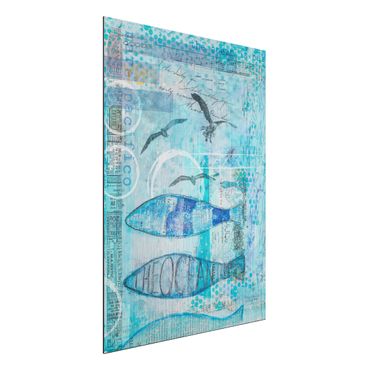 Aluminium Print gebürstet - Bunte Collage - Blaue Fische - Hochformat 4:3