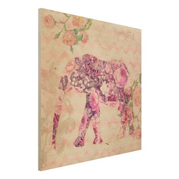 Holzbild - Vintage Collage - Rosa Blüten Elefant - Quadrat 1:1