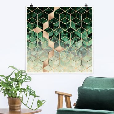 Poster - Grüne Blätter goldene Geometrie - Quadrat 1:1