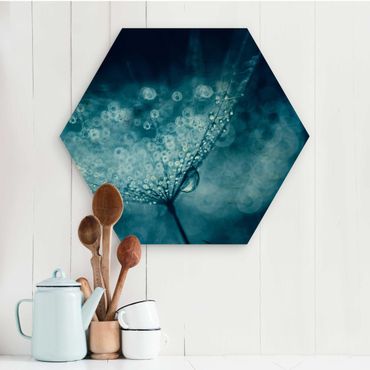 Hexagon Bild Holz - Blaue Pusteblume im Regen