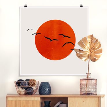 Poster - Vogelschwarm vor roter Sonne I - Quadrat 1:1
