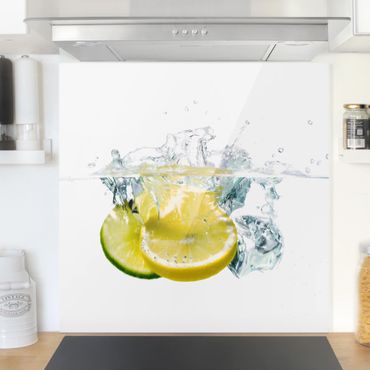 Glas Spritzschutz - Zitrone und Limette im Wasser - Quadrat - 1:1