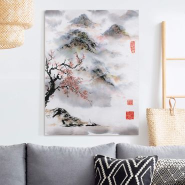 Leinwandbild - Japanische Aquarell Zeichnung Kirschbaum und Berge - Hochformat 4:3