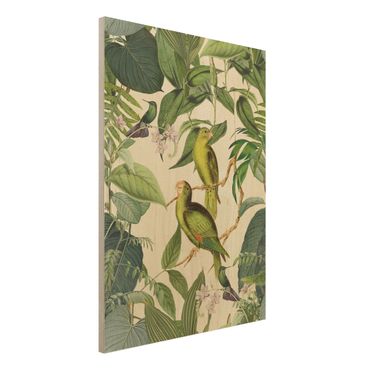Holzbild - Vintage Collage - Papageien im Dschungel - Hochformat 4:3
